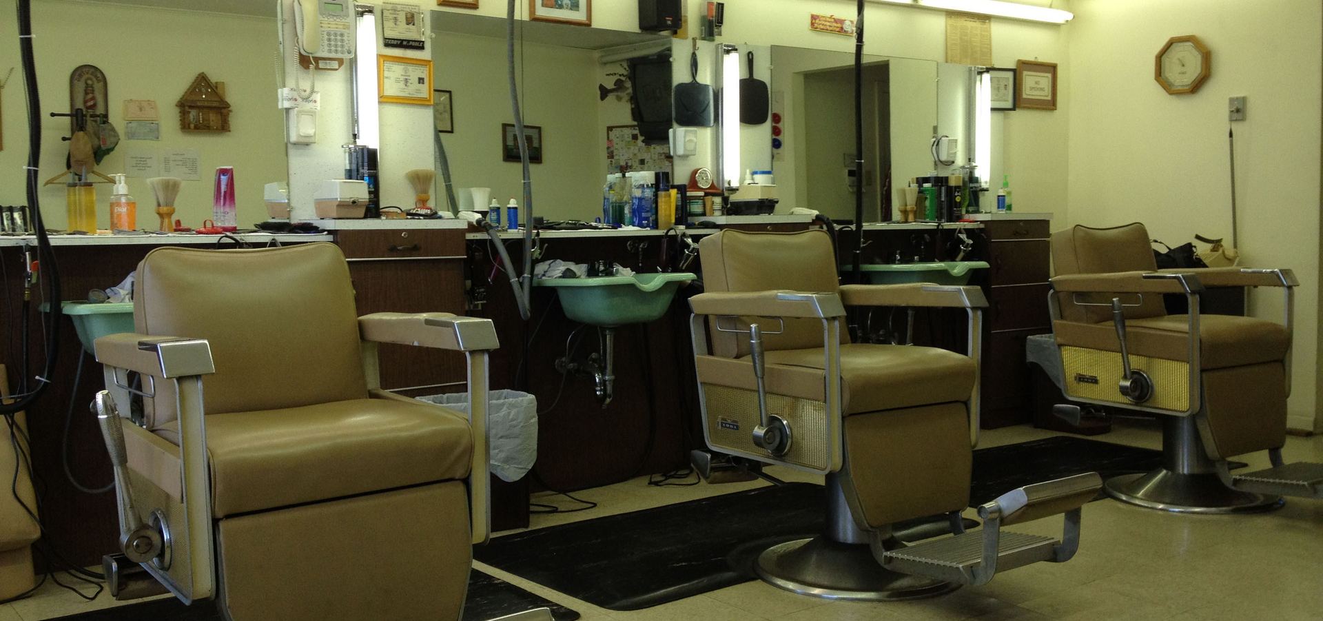 Inside Terry's Barber Shop, with classic vintage barber chairs